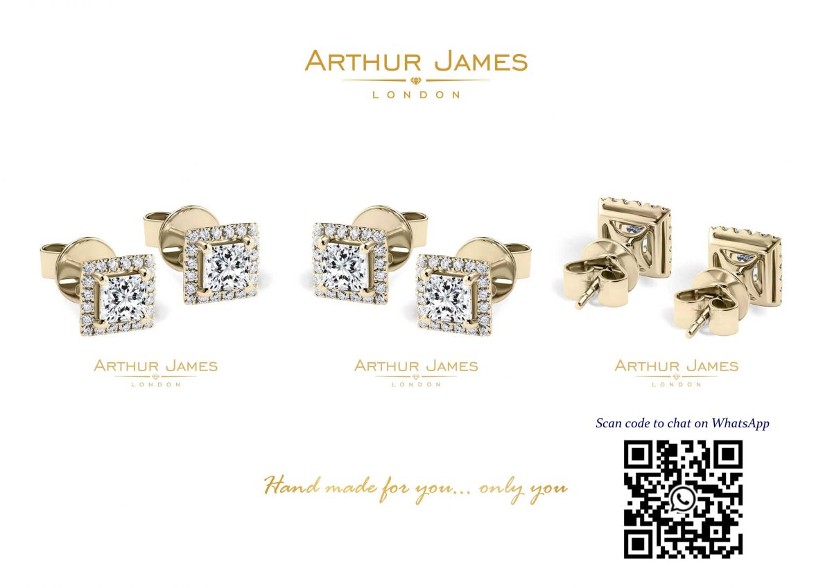 Princess Cut Diamond Yellow Gold Stud Ladies Earrings