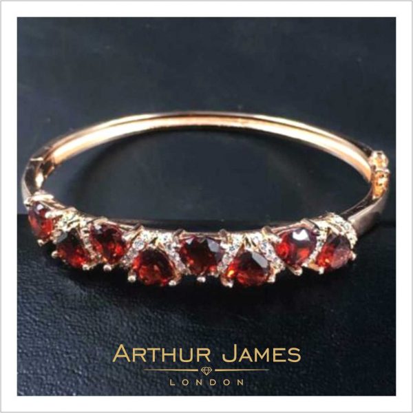 Heart Cut Red Garnet Diamond Ladies Bangle Bracelet