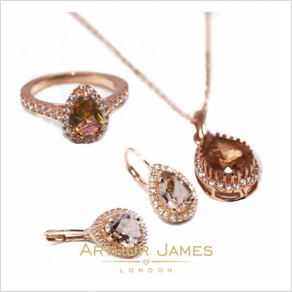 Women's Morganite Diamond Pendant Ring & Earrings Jewelry Set
