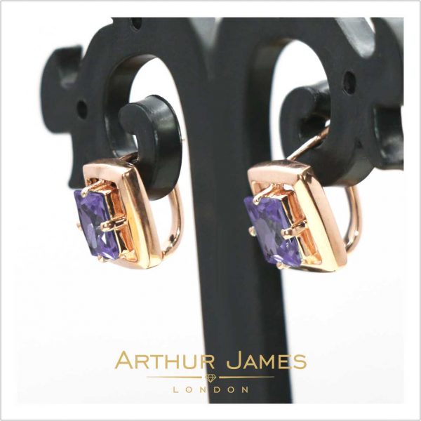 Purple Amethyst Emerald Cut Diamond Ladies Earrings