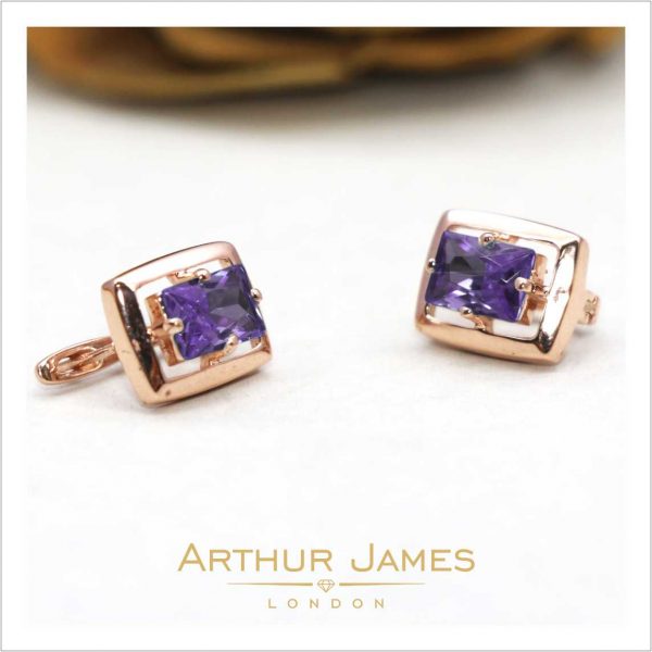 Purple Amethyst Emerald Cut Diamond Ladies Earrings