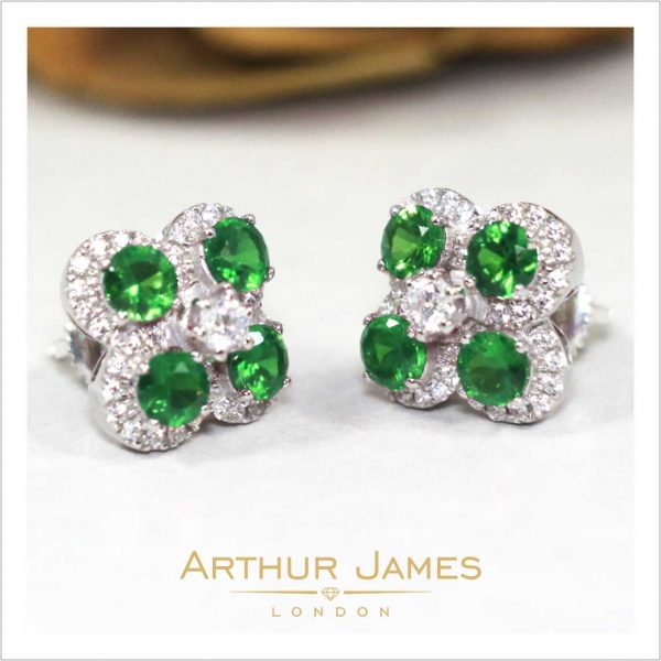 Flower Style Green Emerald Diamond Ladies Earrings