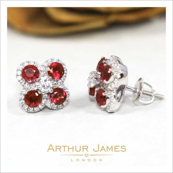 Round Red Almandine Garnet Diamond Ladies Earrings