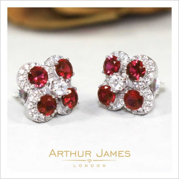 Round Red Almandine Garnet Diamond Ladies Earrings